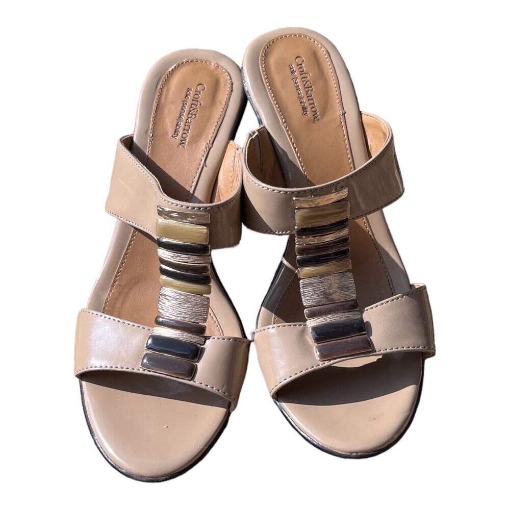 Croft & Barrow Open Toe Slide Womens Heeled Sandals Sz 7 Tan w Brown Black Cream